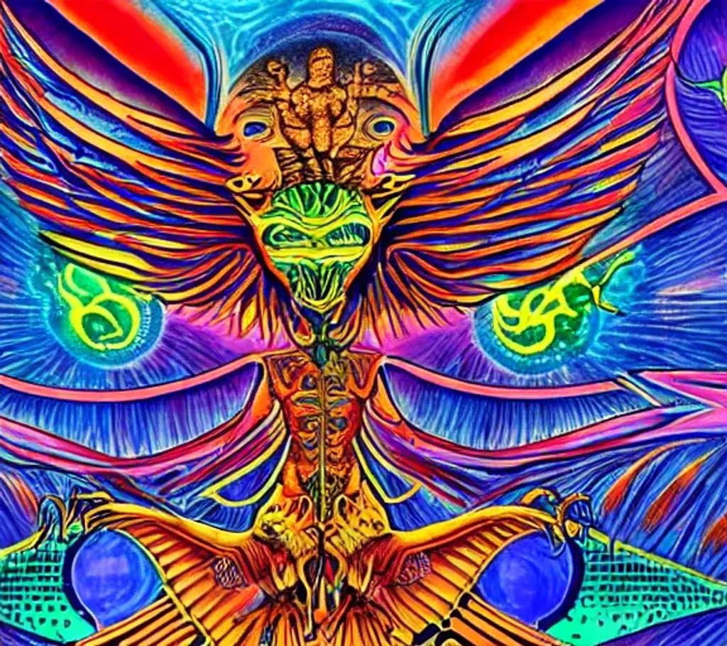 Prompt: Portrait photo of full body tattoo of spaceship blueprints, alien technology, psychedelic gryphon, wise dragon, in the psychedelic style of Alex Grey