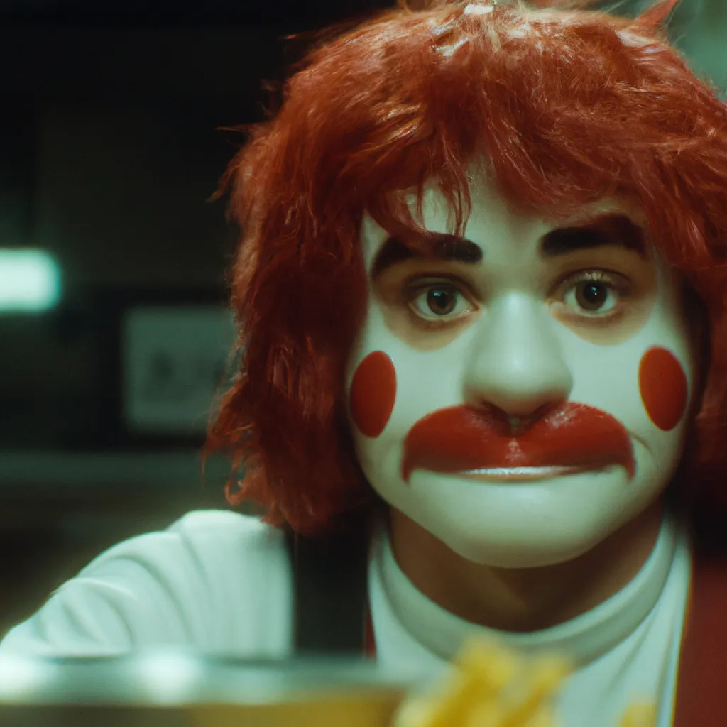 Prompt: A film still from a gritty 1970s Martin Scorcese movie about Ronald McDonald. Realism. 4k. 8mm. Grainy. Panavision.