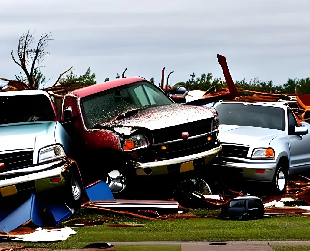 Prompt: Landed trucks and cars that have been damaged by a tornado