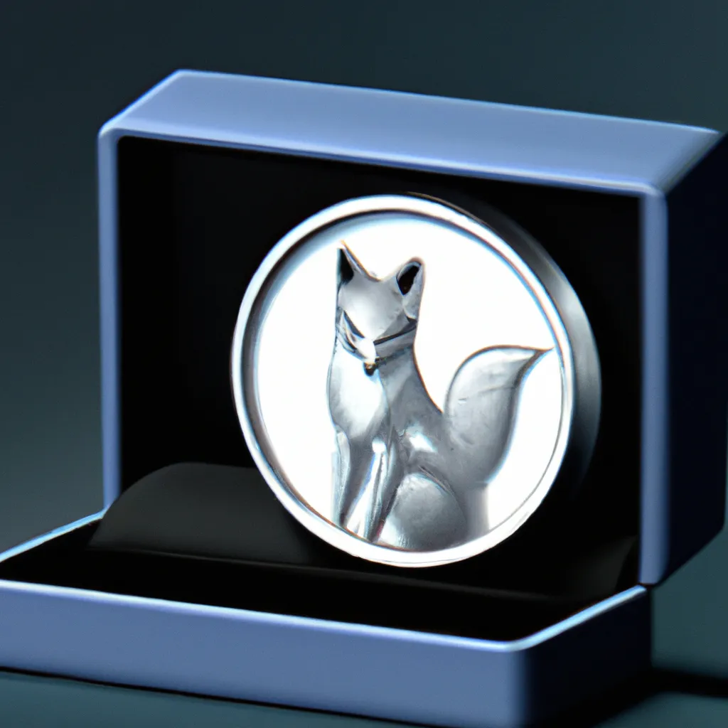 Prompt: A futuristic platinum and diamond coin with an arctic fox on the front of it, the coin is sitting in a velvet box, photorealistic, 4k