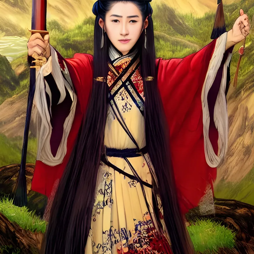 Prompt: An epic fantasy comic book style portrait painting of beautiful sword dance Chinese military hanfu woman cultivator in front of a mountain, long hair, full body XIANXIA, wuxia, manga, manhwa, hanfu, Chinese temple, depth of field by Yoji Shinkawa 4k -n 4 -i, pi, artstation, pixiv, artgerm, unreal engine, masterpiece, bokeh