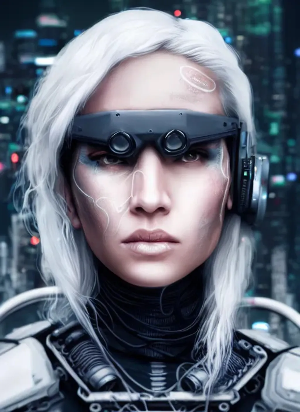 Prompt: Portrait of {cyberpunk mercenaryvwoman} with {white} hair and with cute face, {Cyberpunk city}, perfect composition, hyperrealistic, super detailed, 8k, high quality, trending art, trending on artstation, sharp focus, studio photo, intricate details, highly detailed,