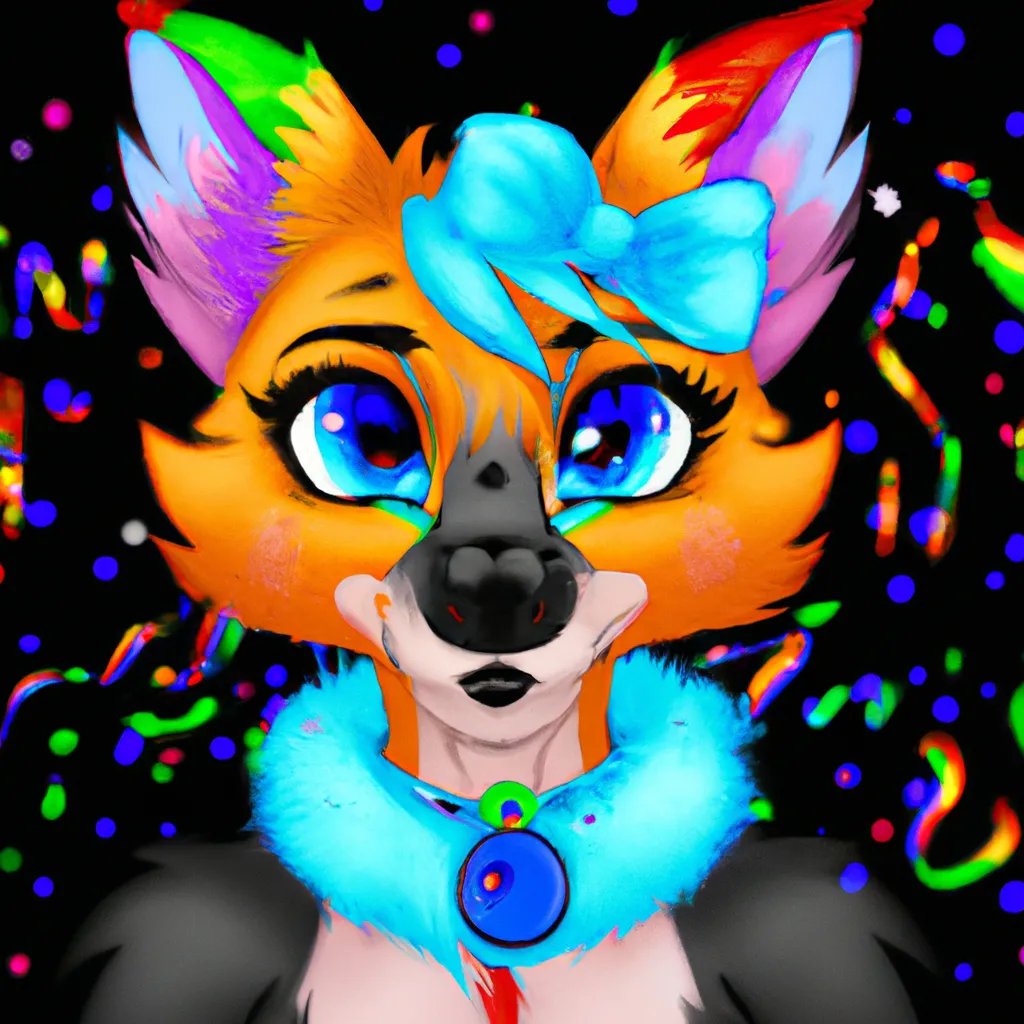 Prompt: a pretty symmetrical cute adult anthro female red fox fursona with blue eyes with a collar with a star hanging from the collar, trending on furaffinity, trending on art station, color splash rainbow, digital art cute, sticker illustration black background