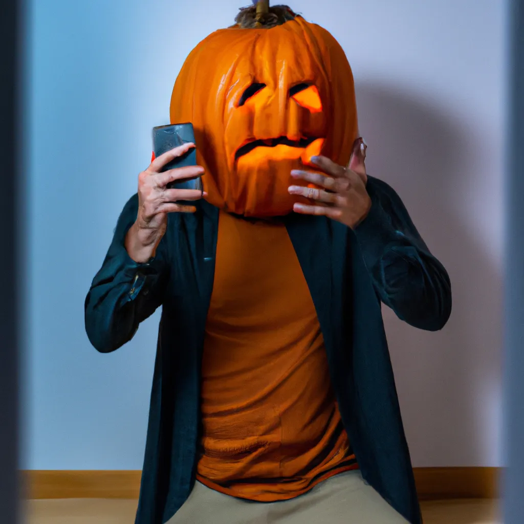 Prompt: A creepy photo from a dating app where a man is metamorphosing into a pumpkin