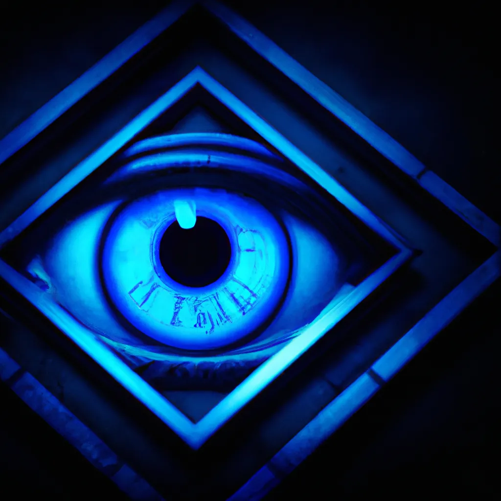 Prompt: close up photo of a blue eye inside of a dystopian 3D freemasonary symbol , hyperrealistic HD, satanic 