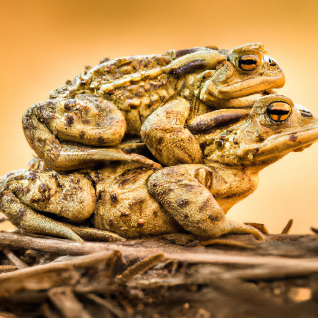 Prompt: A highly detailed, highly realistic photograph of a round frog on top of another frog, warm colors, portrait