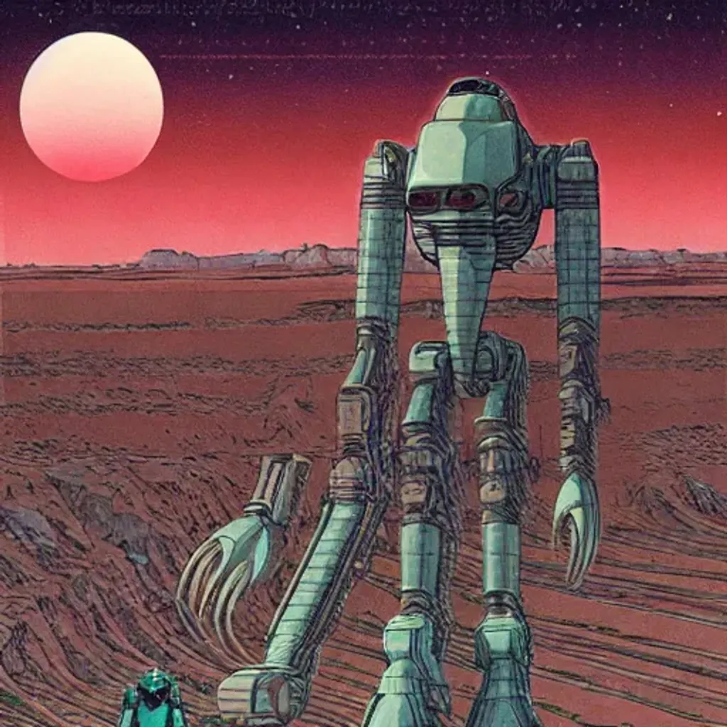 Prompt: Man with long dark hair standing in alien dessert next to ancient destroyed robot, by Makoto Kobayashi, by Moebius, by Jean Giraud, anime style, manga color, 80's, Intricate, Hand drawn, concept art, grainy color, dim lighting, Anime Key Visual, beautiful composition