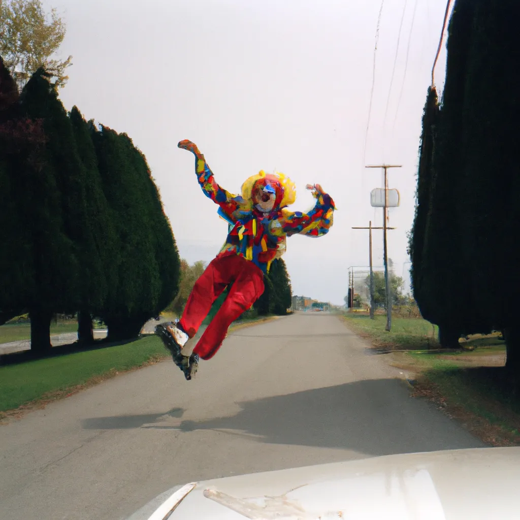 Prompt: 1993 disposable camera photograph of a clown levitating in a suburbs drives way