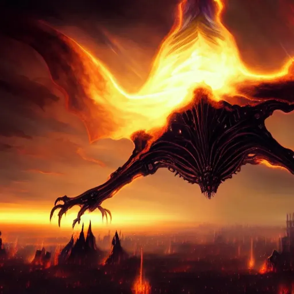 Prompt: Magic the gathering artwork of a Phyrexian mechanical lord rising above an ancient cityscape in black flames, 4k hd