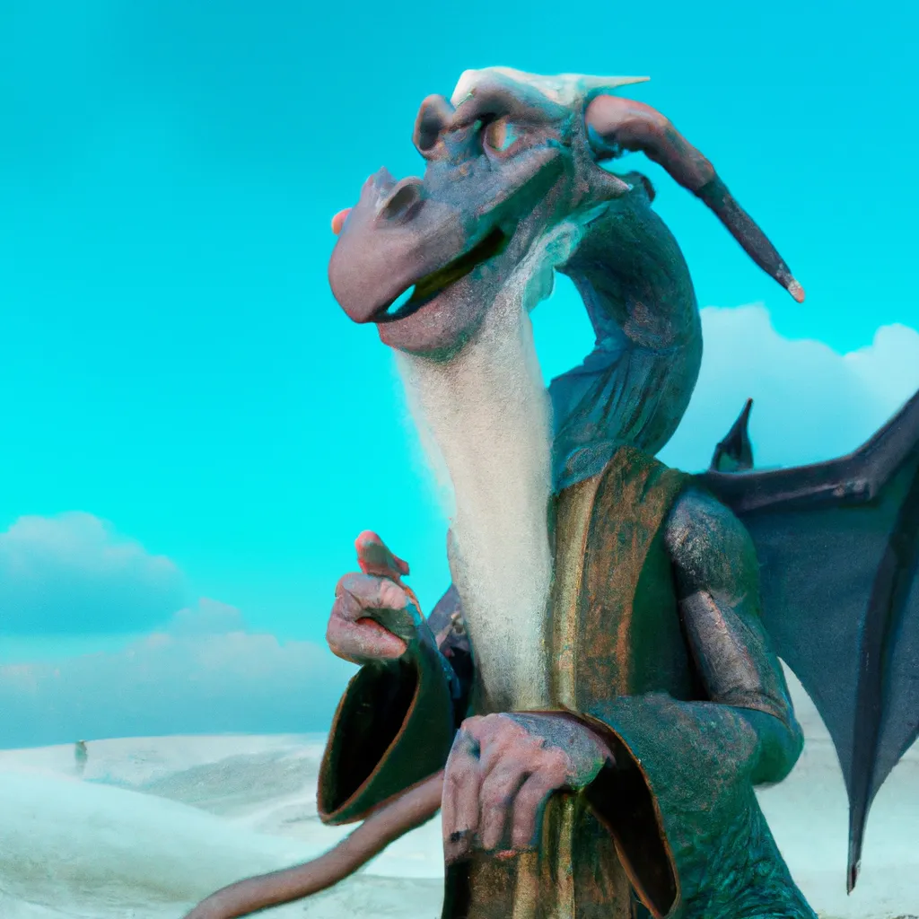 Prompt: 3d render of a old dragon wizard at a skyland in the style of Pixar, Disney and DreamWorks