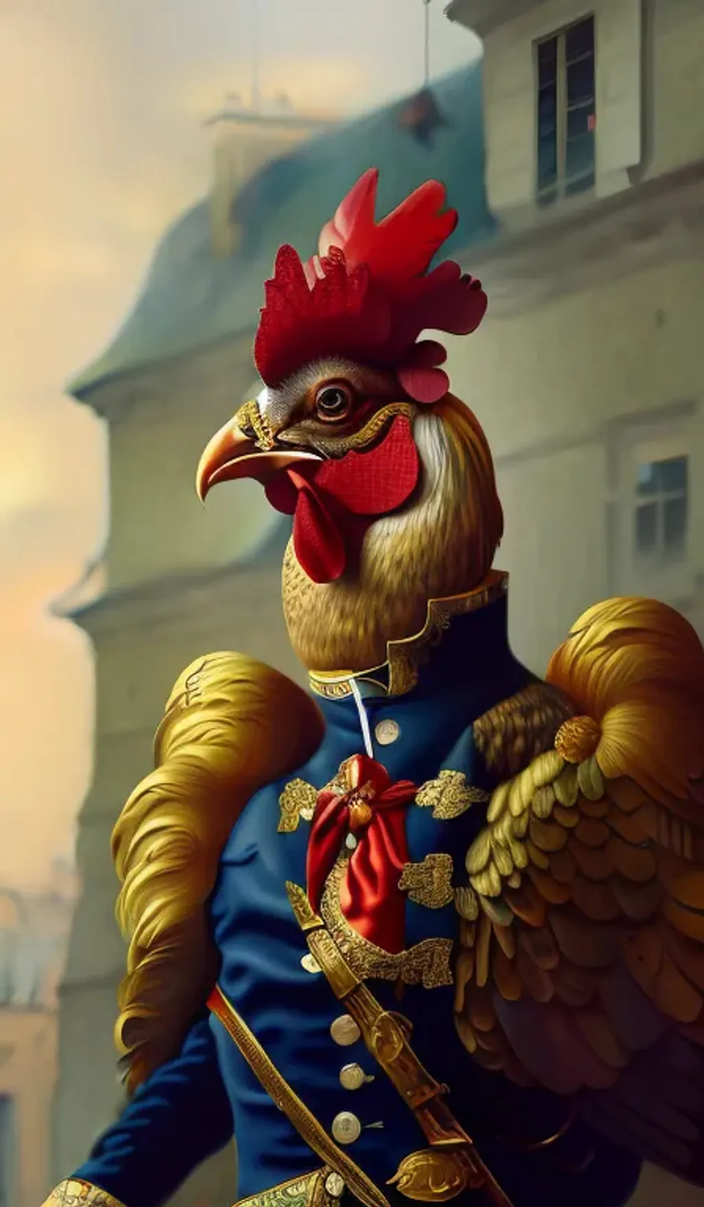 Prompt: Gorgeous Portrait of a French Rooster dressed as Napoleon" hyperdetailed, delicate , Epic cinematic brilliant stunning intricate meticulously detailed fairy atmospheric maximalist digital matte painting, depth of field, trending on Artstation , artwork by Dan Mumford Alphonse Mucha Dan Witz Gustav Klimt, a masterpiece