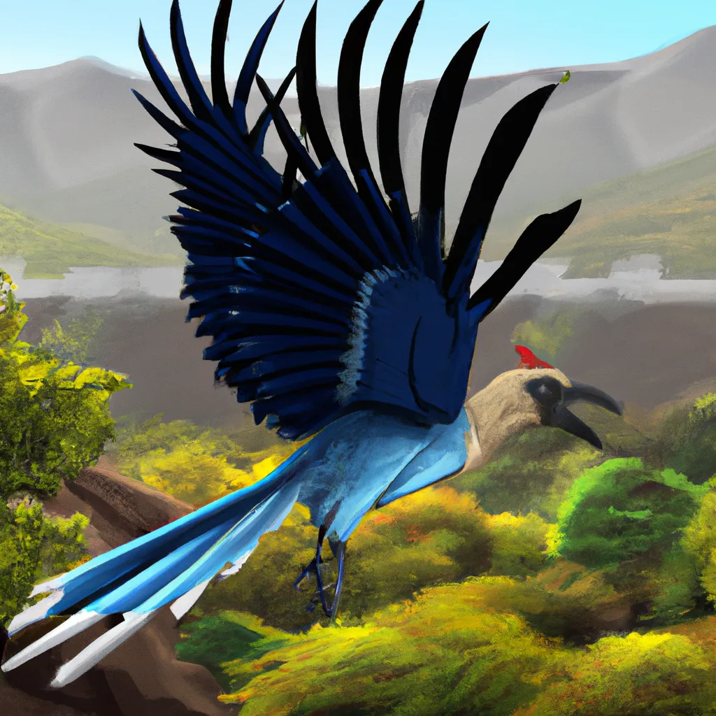 Prompt: The giant Archaeopteryx Corvid Steller's Jay cymera from the pre-historic era, in its habitat. Full shot, Long shot, speculative evolution. Highly realistic accurate anatomical illustration, transitional features with birds, amazing colors and patterns on its feathers, hyperrealistic 