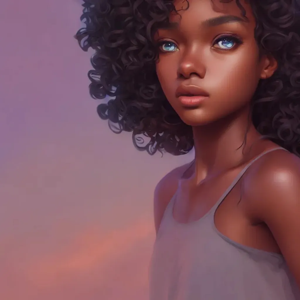 Prompt: 8k closeup portrait of a melanin dark brown skin girl, smooth soft skin, big dreamy eyes,big luscious curls in hair, symmetrical wide eyes, soft lighting, detailed face, by makoto shinkai, stanley artgerm lau, wlop, rossdraws, concept art, looking into camera