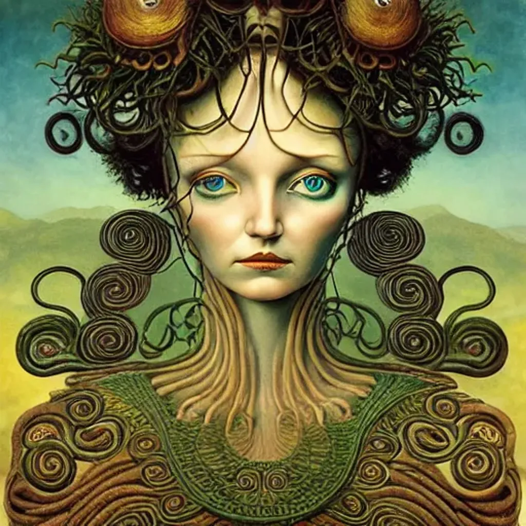 Prompt: Janus Medusa Peruvian arpillera Oxana dobrovolska victo ngai henry rousseau Vladimir kush peregrine heathcoate catrin welz-stein Andrea kurti Andrea kowch 