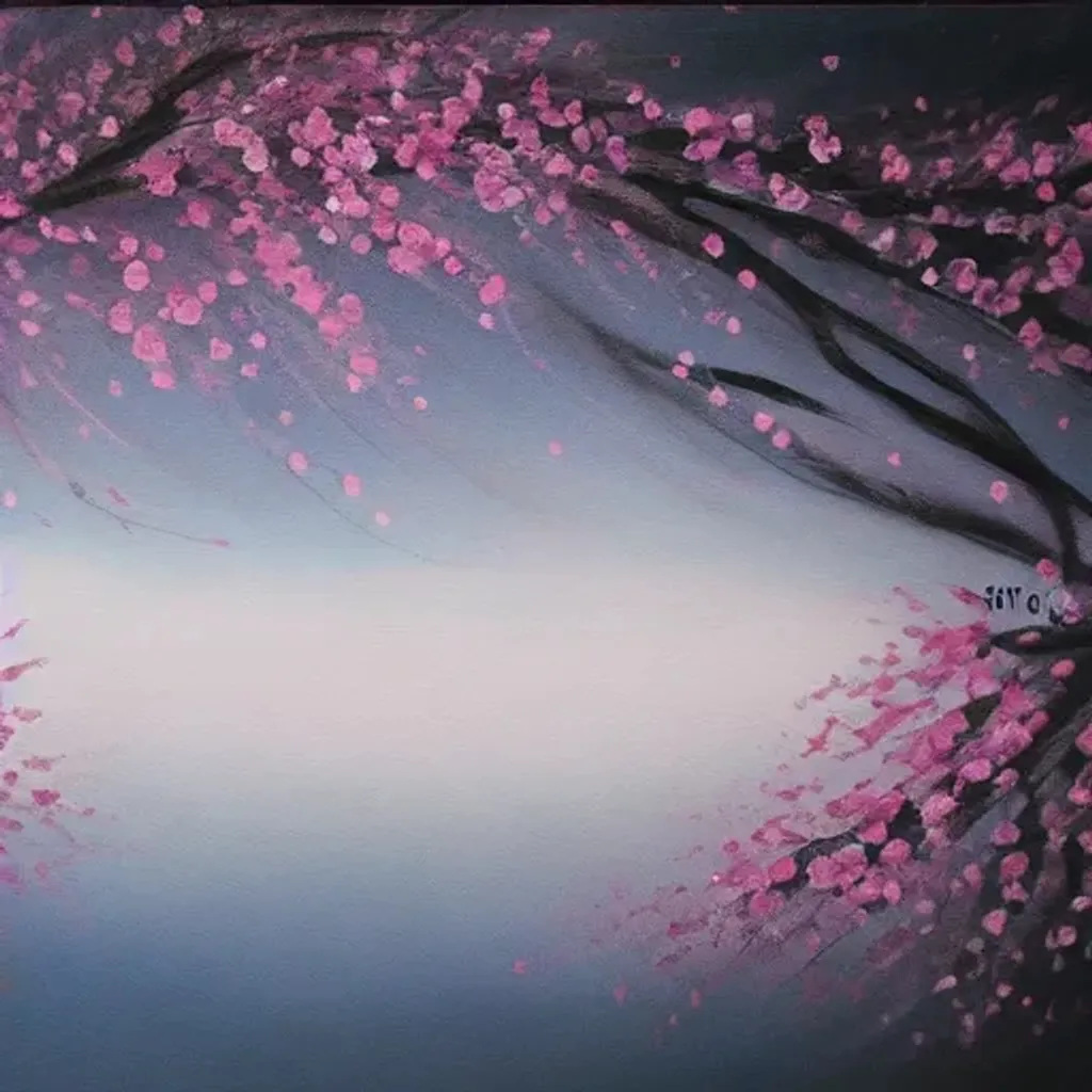 Prompt: cherry blossom painting with fog at night