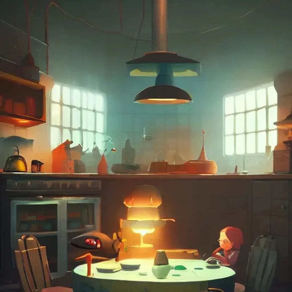 Prompt: cute lonely kitchen dim lit by a candle ripped physique simon stalenhag gerald brom bastien grivet by greg rutkowski game background fisheye lens day of the tentacle