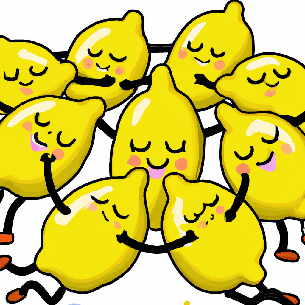 Prompt: A group of happy anthropomorphic lemons have a cuddle party, vector illustration, advertising illustration, 8k, highly detailed, luscious, happy, love, fun