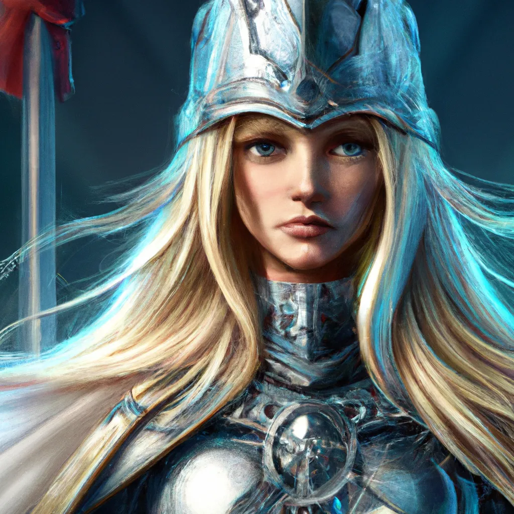 Prompt: portrait of a girl with long blond hair and blue eyes, ornate intricate silver battle armor, long blue mantel, intricate, elegant, highly detailed, digital painting, artstation, concept art, smooth, sharp focus, illustration