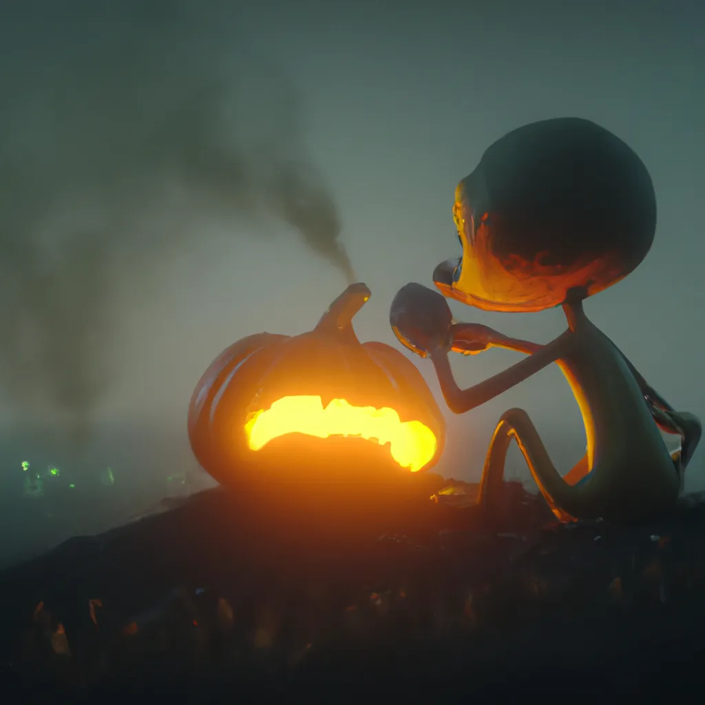 Prompt: A Burning humanoid Halloween pumpkin character eating a bleeding small pumpkin, by Greg Rutkowski and Chuck Jones, hyperealistic, on a Silent hill, Pixar horror movie still