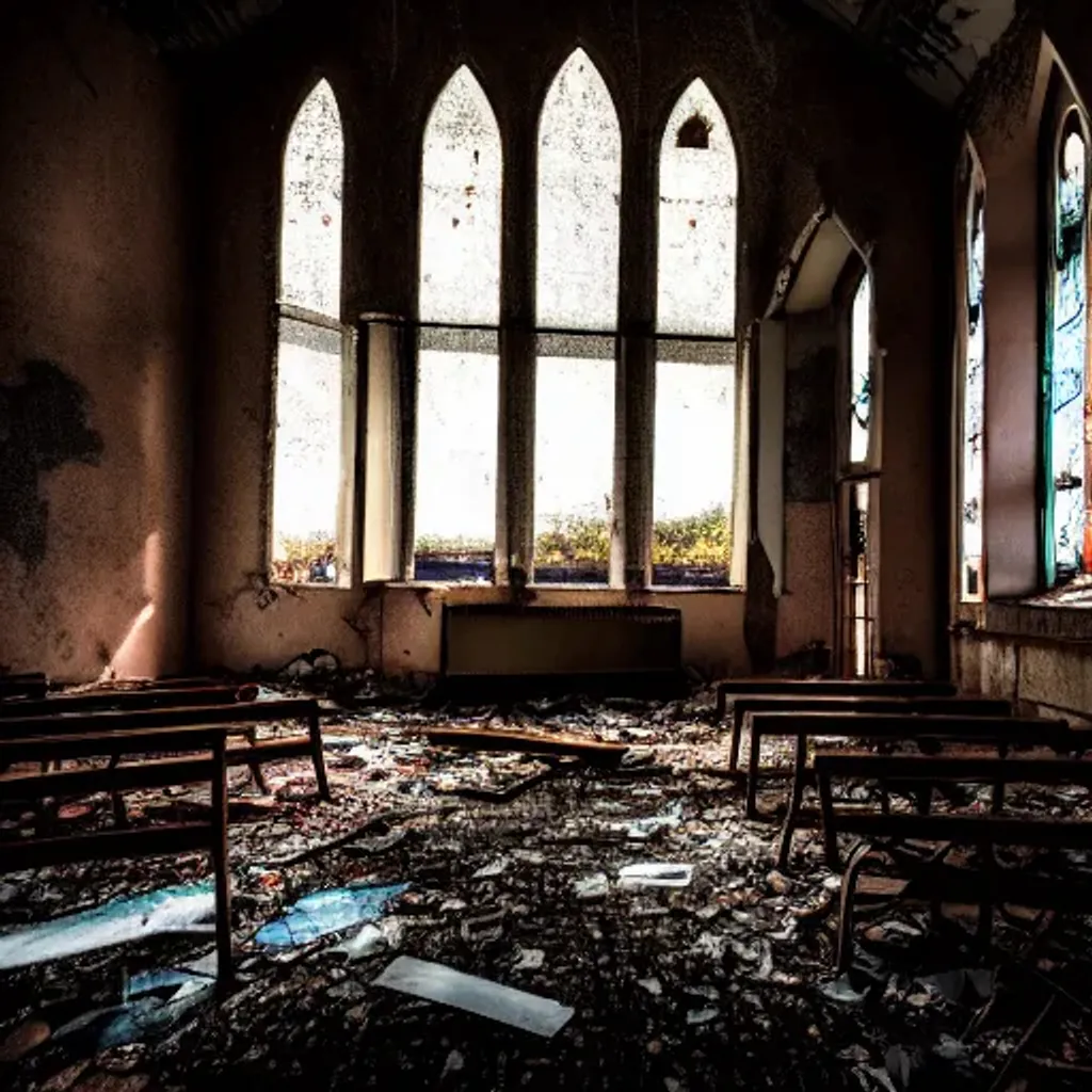 inside abandoned church, broken benches, moody light... | OpenArt