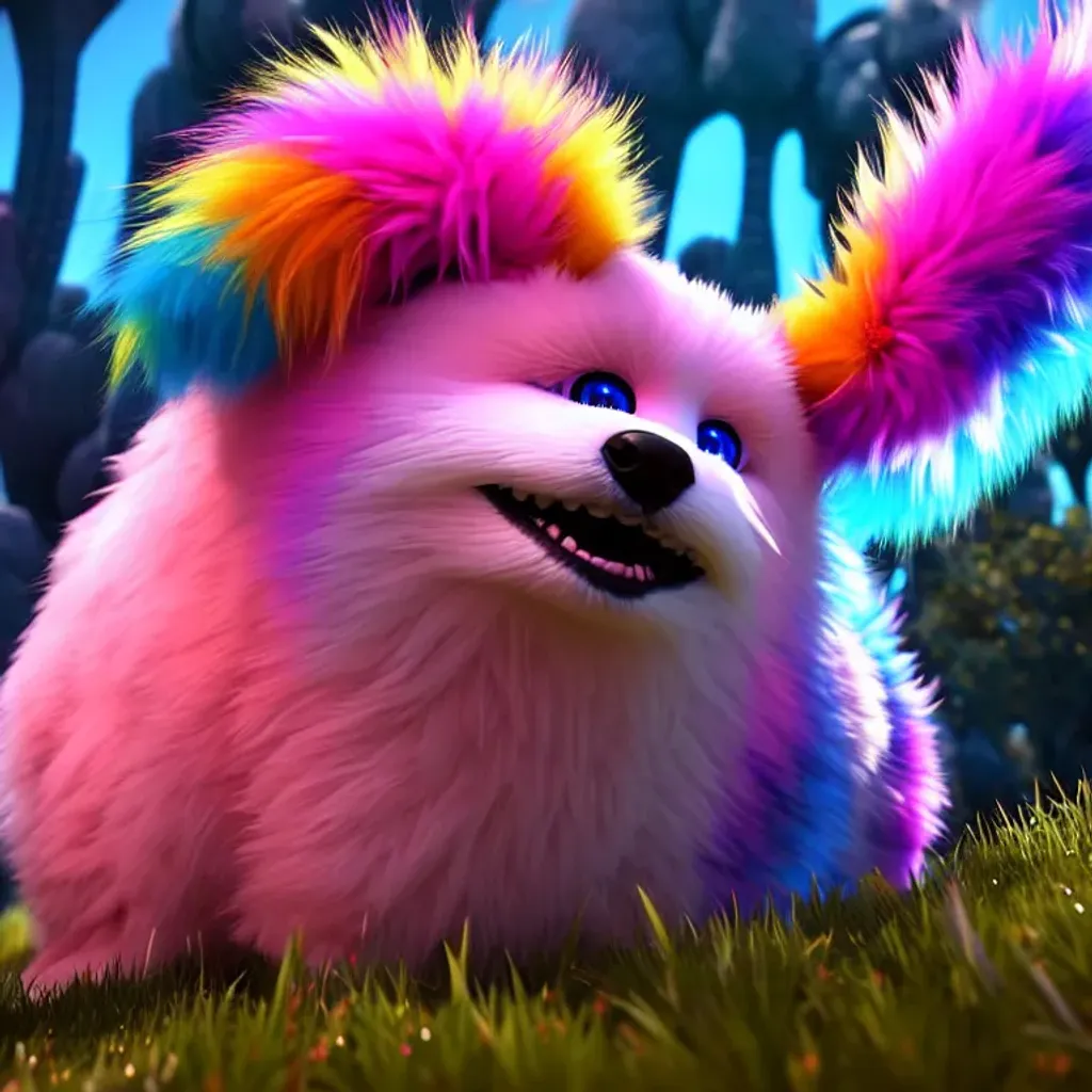 Prompt: Cute fluffy monster with bright blue colorful fur; big friendly adorable beast in the outback; 64 megapixels, 8k resolution, HD, hyperdetailed, maximalist, atmospheric, cinematic, intricate, epic, fantasy, digital illustration, Octane Render, Unreal Engine 5, cheerful, masterpiece, fantasy scene by Disem Genedom, Harka Vizindri