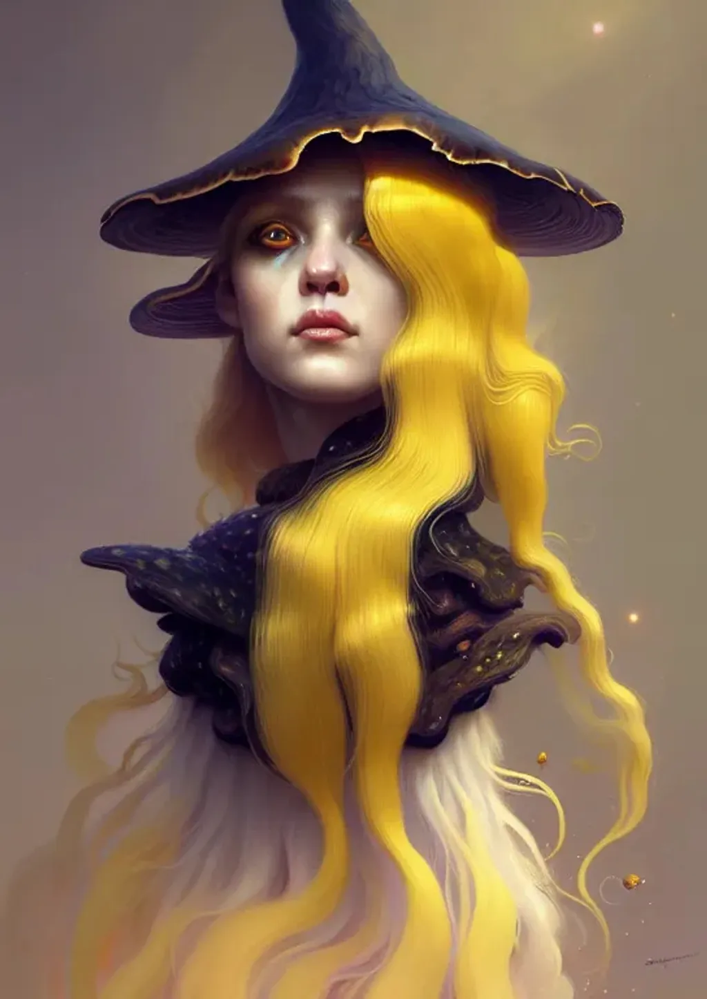 Prompt: Portrait of a Beautiful mushroom witch with yellow hair and with cute face, cosmic, perfect composition, hyperrealistic, super detailed, 8k, high quality, trending art, trending on artstation, sharp focus, studio photo, intricate details, highly detailed, by greg rutkowski