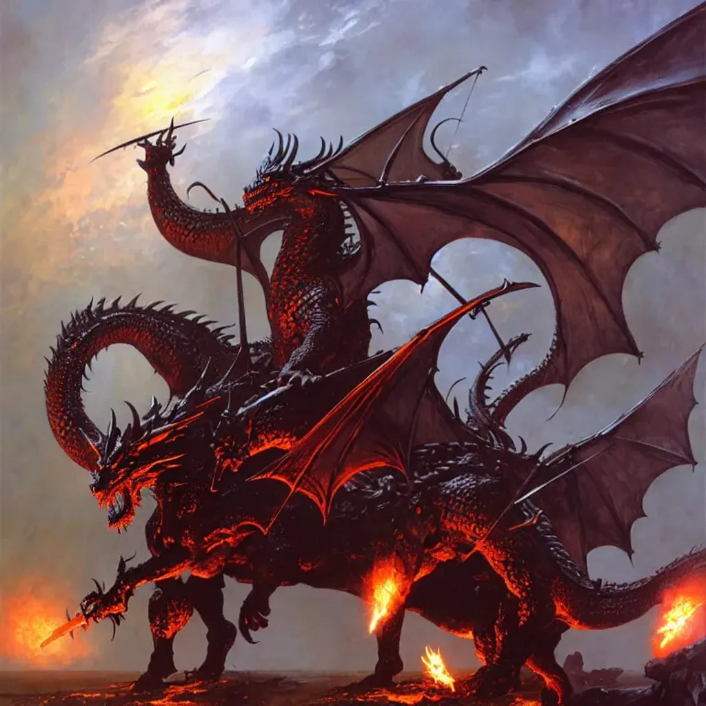 Prompt: Demonic Dragon Knight, heavy armed and armored, giant spears, fantasy art by Frank Frazetta, by Marc Simonetti, highly detailed, oil on canvas