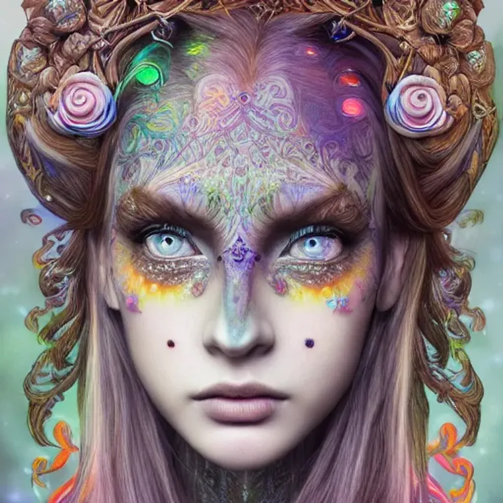 Prompt: female young ForestDruid princess portrait, fractal face tattoo, sparkling rainbow magic, fractal piezoluminescence, beautiful detailed intricate insanely detailed elegant magic ornate,  trending on artstation, photorealistic, Gerhard Richter