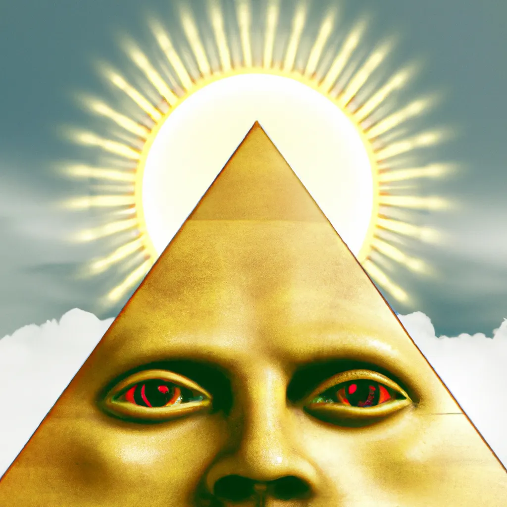 Prompt: sun with face alchemy, pyramid, eye, esoteric, medieval alchemical, occult, mushroom, realistic, high definition computer graphic, 3D render