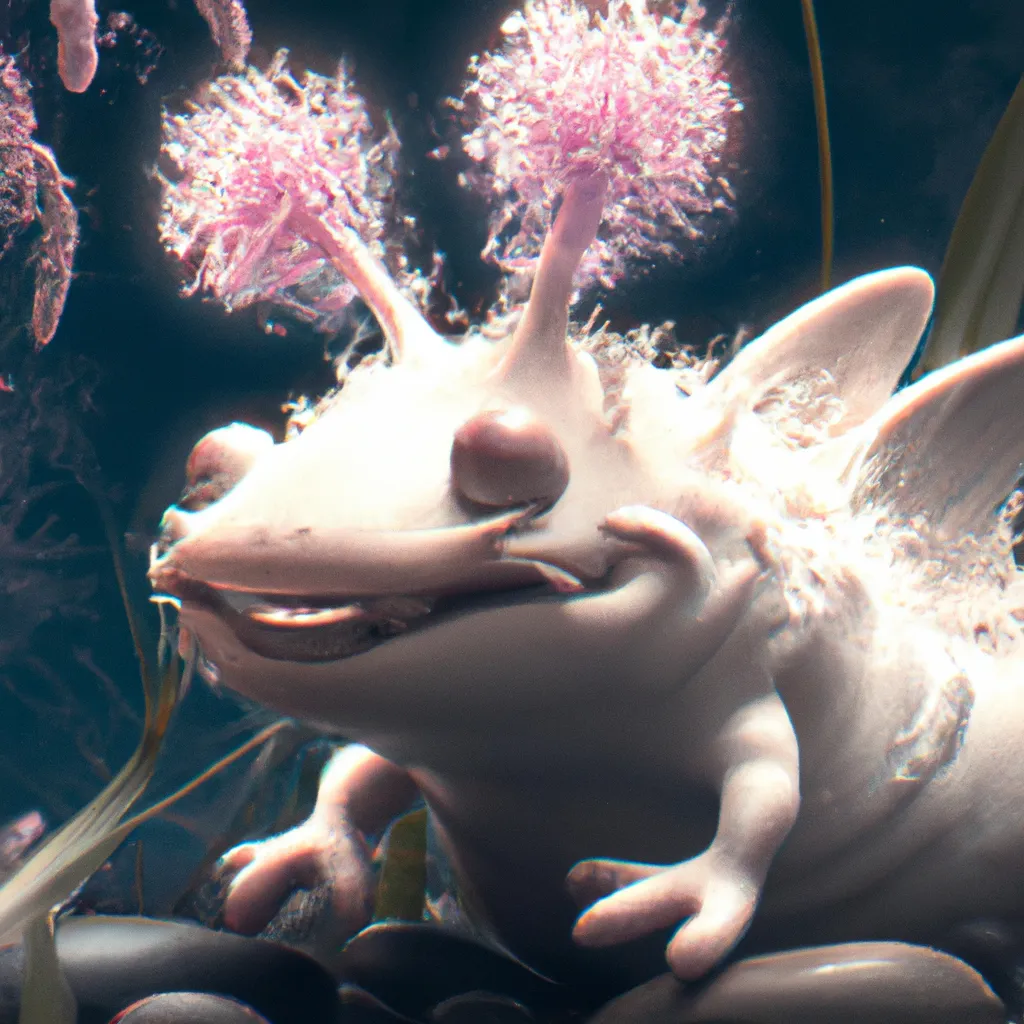 Prompt: Curvaceous Light bending cute furry axolotl  covered in halogenic Nuclear flowers in the style of Bruce Pennington, Dali, Munch, Escher, Klarwein, Yamamoto, Hattori, Leyendecker, Mullins, Magritte | muted desaturated tones | dark background | ultra sharp focus | 3d octane render artstation trending 8k unreal engine | Avatar movie| Disney Pixar Dreamworks 