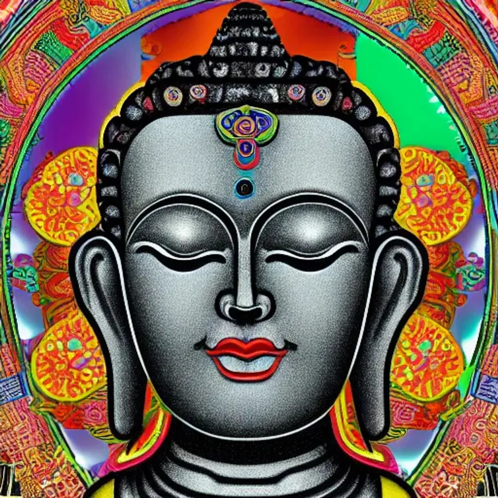 Prompt: tibetan buddha, vivid colours, symmetric face, fractal background with black and white colours