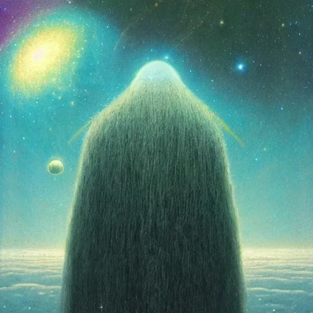 Prompt: Space Nomad, Starry Cloak, Nebula Hair In Endless Void, Astral Currents, Cosmic Waves | 8K, Hdr, Fantasy, Techno-Pop, Dn, Zdzislaw Beksinski