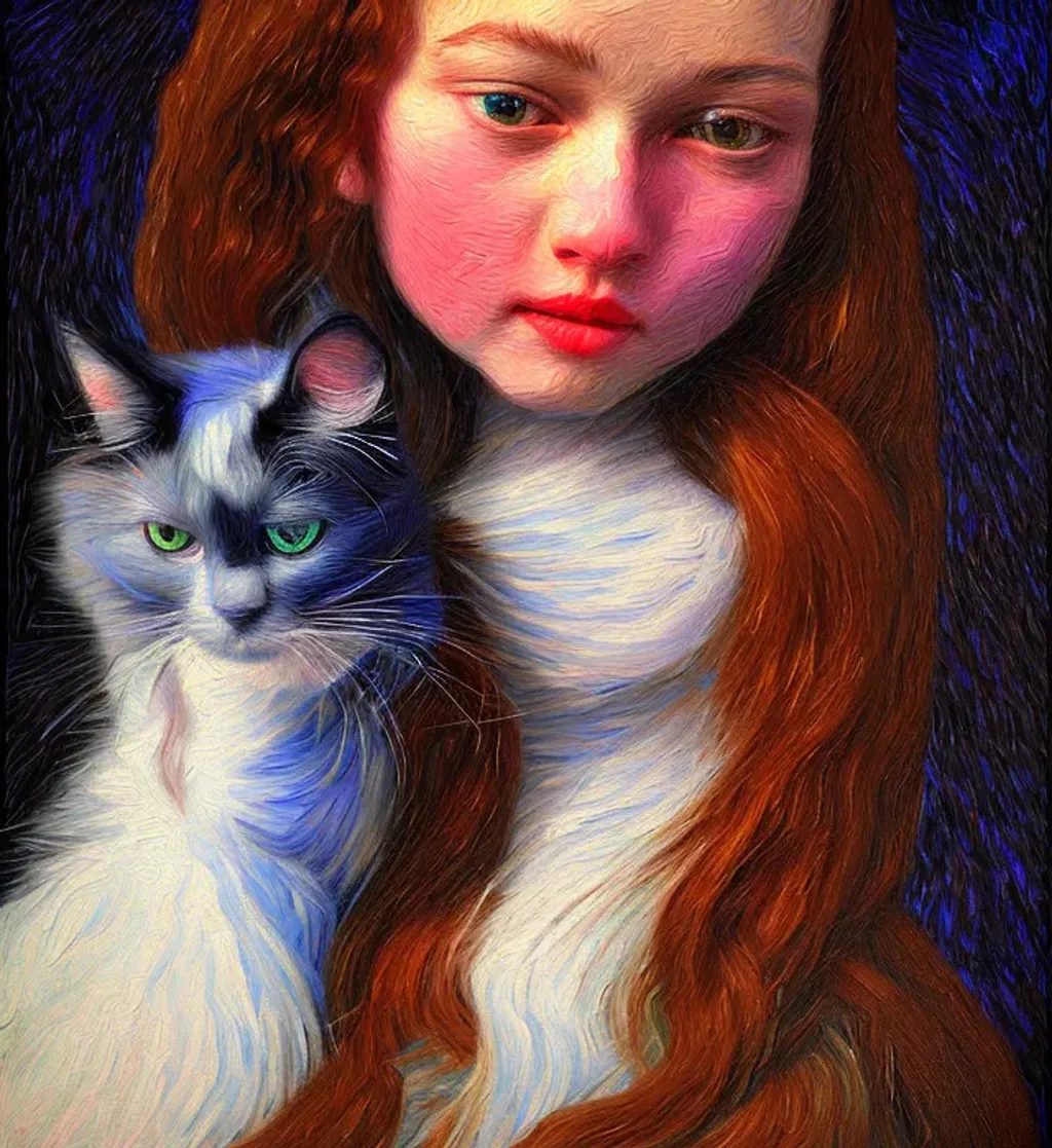 Prompt: oil painting by Vincent VanGogh 
 realistic portrait of a very beautiful young girl cute nose perfect lips intricate girlish charm curly flyaway hair, holding a long haired black fluffy ragdoll cat, highly detailed, digital painting, sharp focus, dof, ultra reallistic, extremely detailed, intricate, artgerm, ambient lighting  award winning, fantastic view, colourful, intriguing 