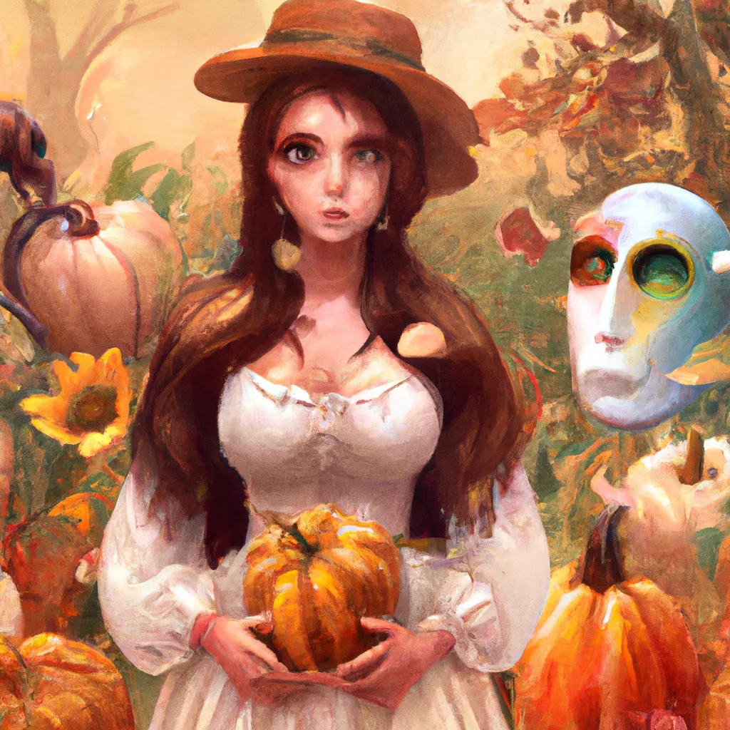 Prompt: Detailed hyper realistic ultra realistic sharp clear digital airbrush by Anna Dittmann, preston blair, Tom Bagshaw, eyvind earle, tim Burton, Gil Elvgren. Full body Portrait of A Scary Haunted Horror spooky ghost woman in a autumn landscape. Desire love ghosts friendship blessings femininity strength healing ecology pumpkins lillies magic steampunk  robots. Hide and seek.