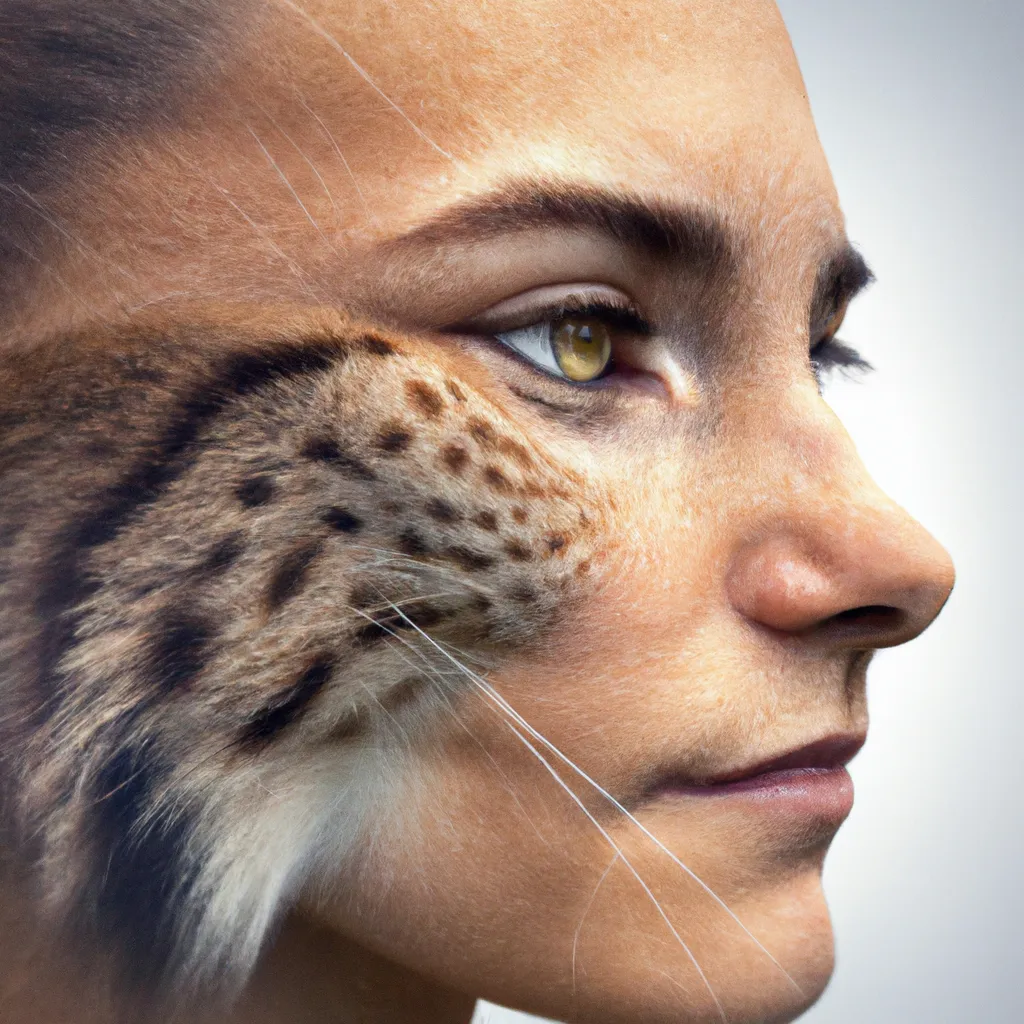 Prompt: A photo of a cute young woman's head combined with a 3D render of a hybrid lynx head. Epic film poster style.