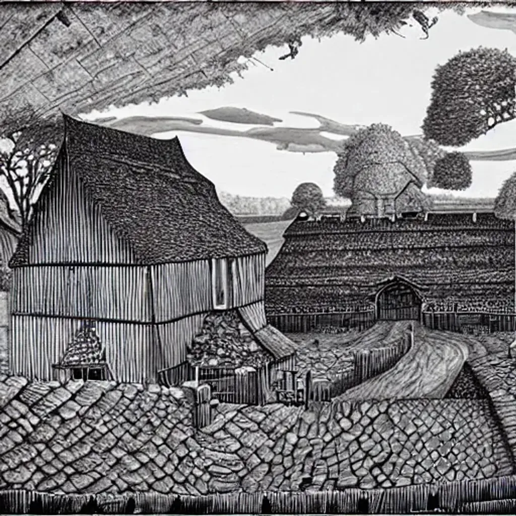 Prompt: Landscape with large barn made of unusual wood and crystal, thatch roofing, large walls strong portcullis, dirt roads, sewage moat, monochromatic red, by M.C. Escher