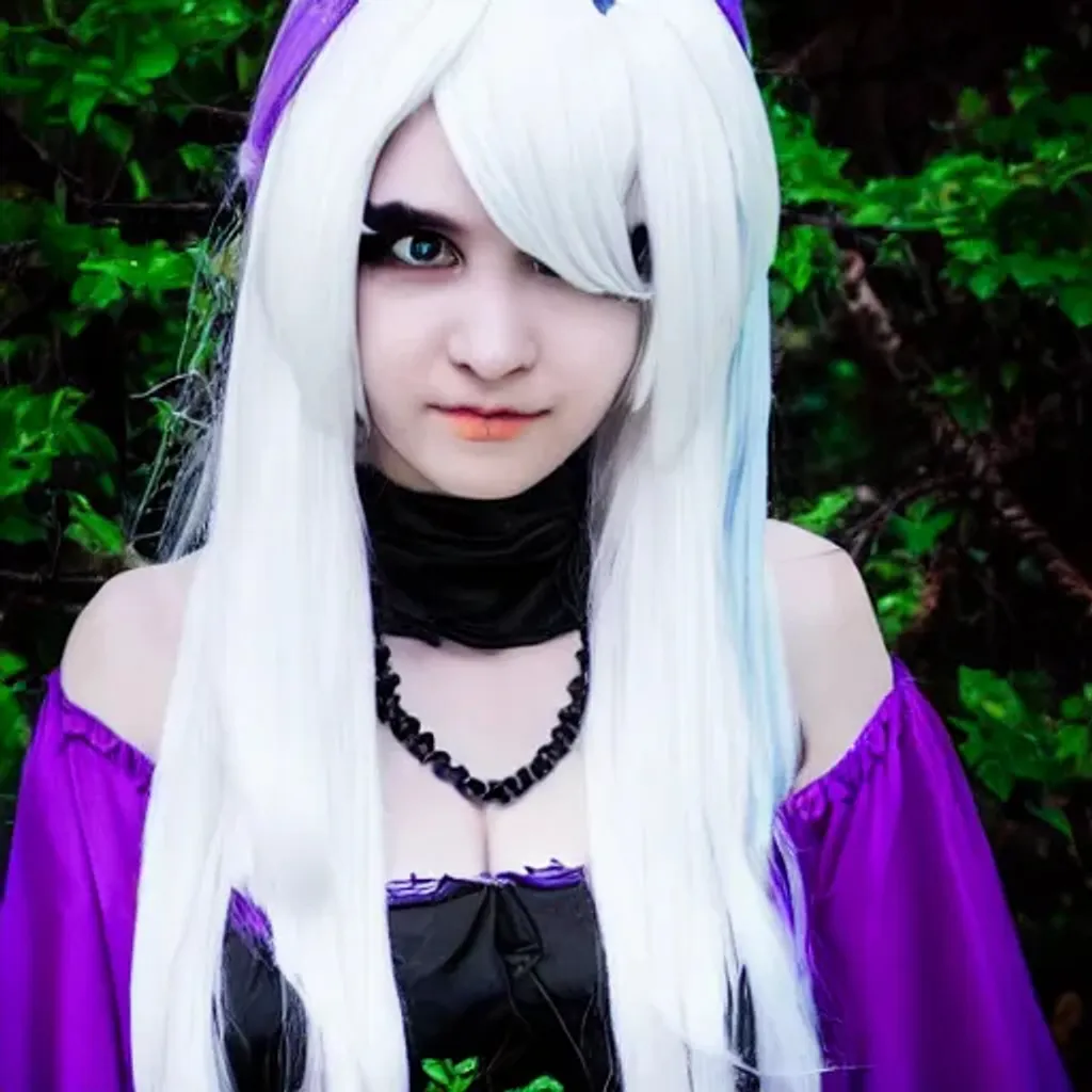 Prompt: A witch with long purple dress, white hair, neotenic eyes. photo realistic cosplay