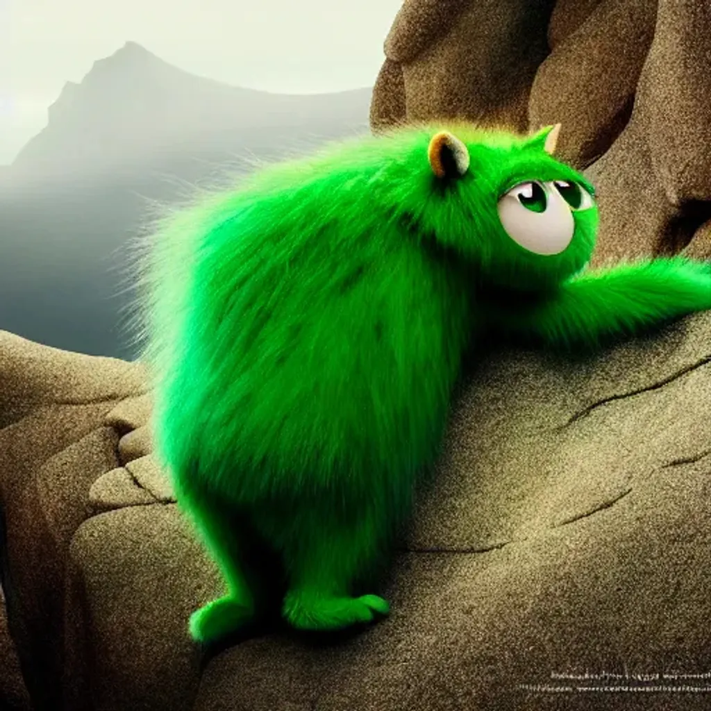 Prompt: Award winning photography, Hanako yamamoto and the photo of a cute green furry monster standing on a cliff, chiaroscuro, sfumato, romanticism, detailed. Photo shoot. Pixar and Dreamworks studio.