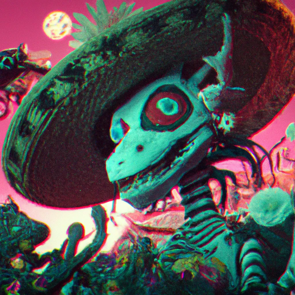 Prompt: a Ukiyo-e comic book styled vintage risograph of a adorable lit Dia de Los muertos Dragon wearing a witch hat,red spider lilies bloomin,bubbles,eclipse,4K,moody,award winning, trending on art station,goofy funny spooky scary mysterious halloween horror vibe, intricate details,digital art,incredible design,emotive,unreal engine 5 render,octane render,dia de Los muertos