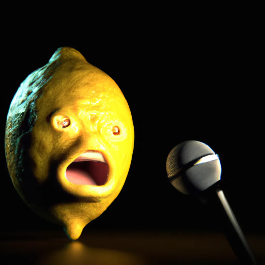 Prompt: bumpy yellow lemon with scared screaming face, screaming into microphone, under spotlight in dark room, close-up, cinematic, octane render, ray tracing art