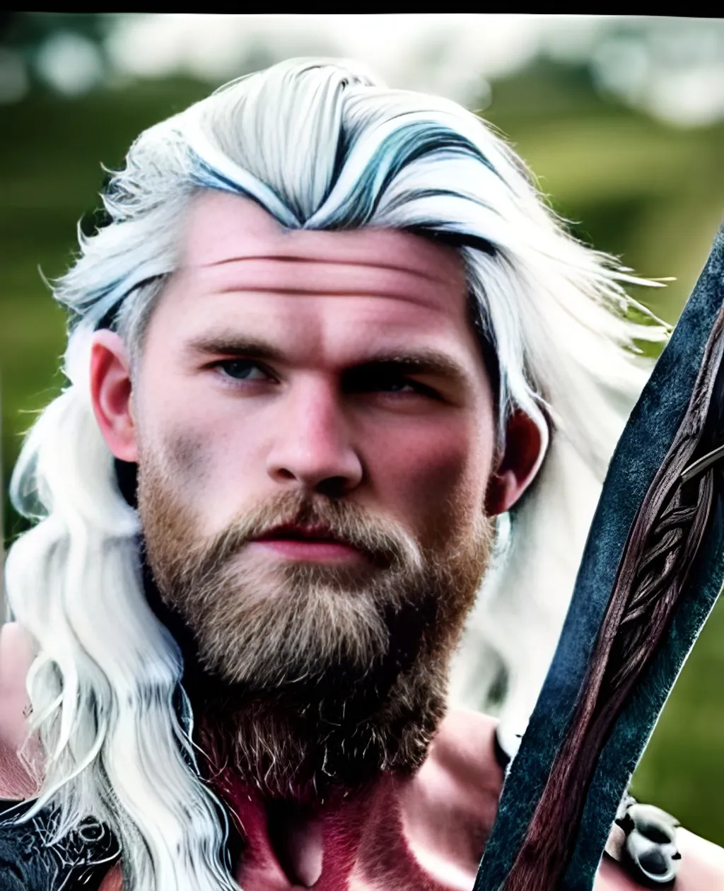 Prompt: photo of an extremely ruggedly handsome Viking man, muscular, no armor, runic tattoos, wielding a big Viking axe, ashen white hair, no beard, piercing beautiful blue eyes, realistic, very high details, ultra-realistic, photorealistic, realism, intricate details, highly detailed, 64k, dramatic lighting, sharp focus, maximum texture, octane render, hdr, ray tracing, studio light, hyperrealistic, very detailed, full body shot