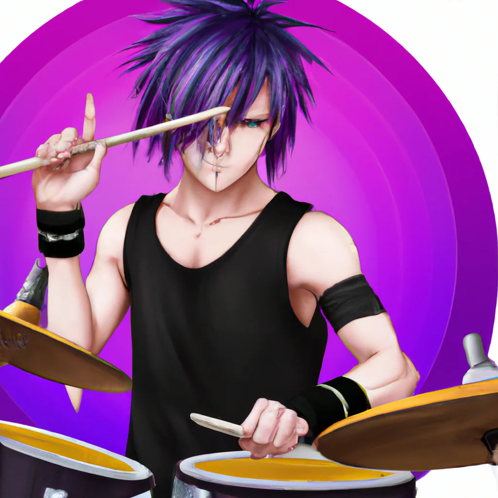 Prompt:  anime boy, short undercut purple/black hair, tan skin, hazel eyes, rocker, rock music, attractive, hot, popular drummer, playing the drums, edgy, tattoos, multiple piercings, popular online, kyoto animation, animation, anime, animated, 2010s anime, key visual, main character, character design, character concept, Free! anime, saturated colors, high quality, 8k, A3!, B Project, Given anime, Otame games, manhua, manhwa, a 70mm portrait, iso 100, focus mode, f/100, smiling brightly, waist up photo, locs, blasian, perfect composition, beautiful detailed intricate insanely detailed octane render trending on artstation, 8 k artistic photography, photorealistic concept art, soft natural volumetric cinematic perfect light, chiaroscuro, award - winning photograph, masterpiece, oil on canvas, raphael, caravaggio, greg rutkowski, beeple, beksinski, giger