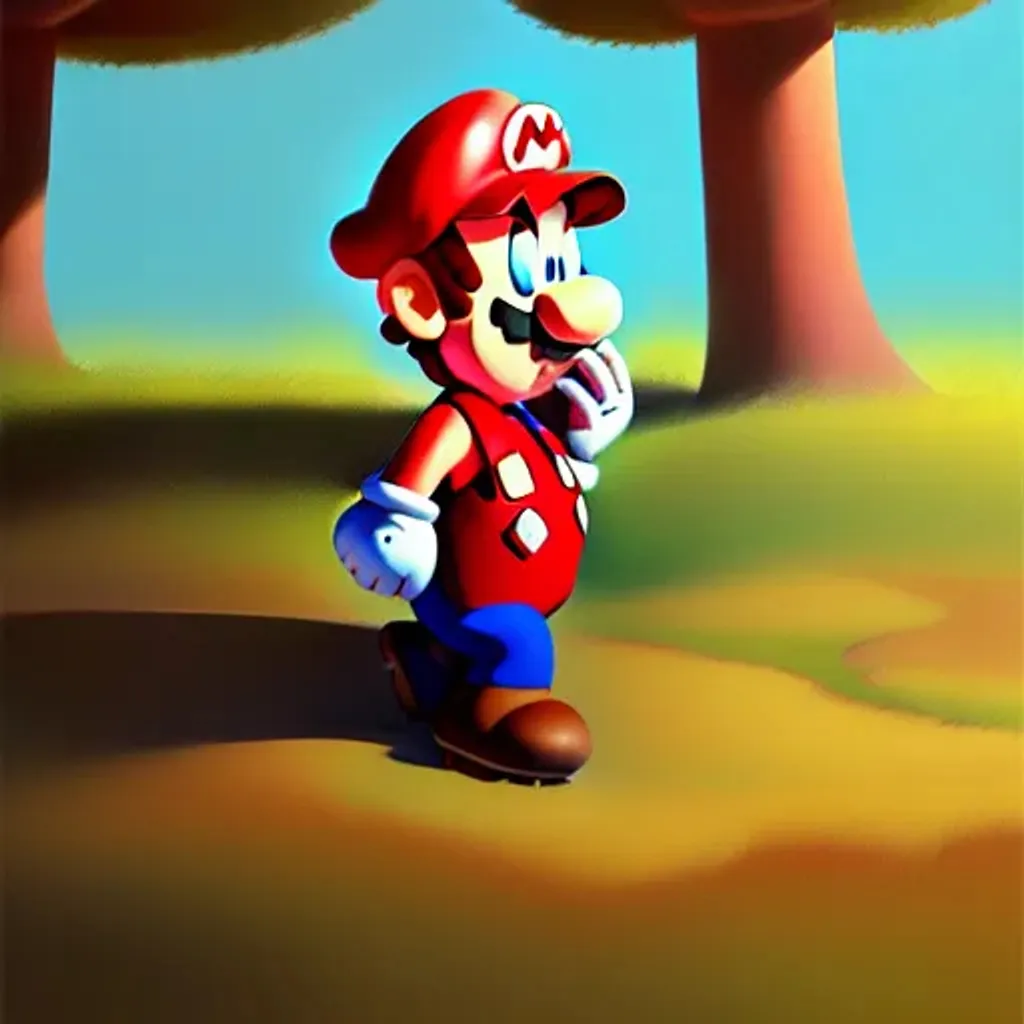 Prompt: goro fujita ilustration super Mario and a long red outfit, walking next to a river in the forest, painting by goro fujita, sharp focus, highly detailed, artstation