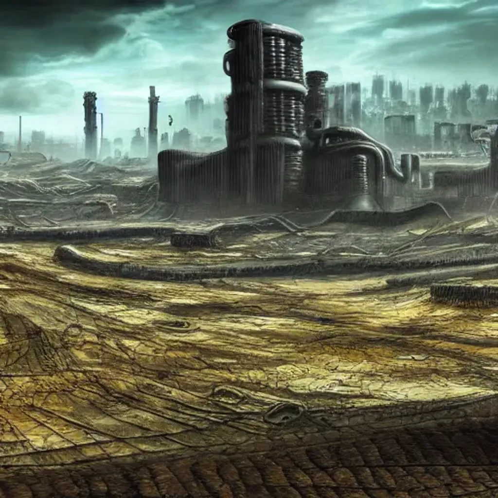 Prompt: How does your dystopian wasteland look, toxic waste Land scenery landscape,hd, smooth detailed design,