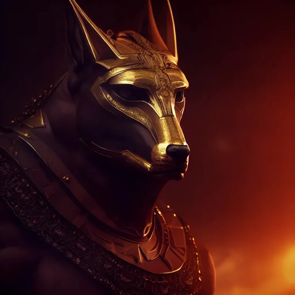 Prompt: Portrait photo of Anubis,  canine head, muscle, gold armour, dark, intricate detail, cinematic, 8k, HDR, closeup, trending on artstation, full head, hyper realistic photo, trending on artstation