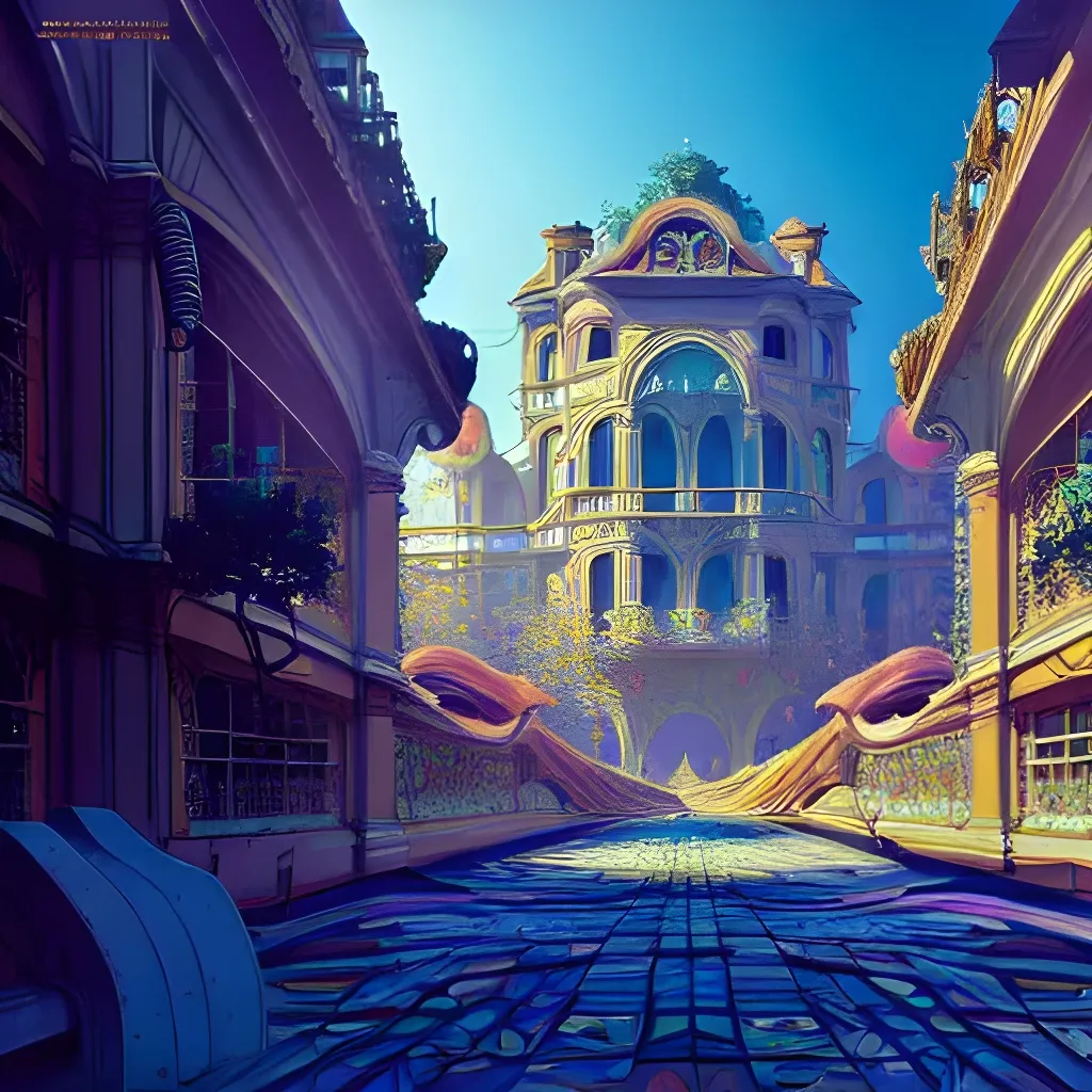 Prompt: Abandon, art nouveau rococo architecture WLOP triadic colors kinetic pointillism AppGameKit low poly hyperdetailed award-winning hyperrealistic volumetric lighting dynamic lighting 16K Moebius Hang Guangjian Unreal engine 5 ray tracing Cyberpunk magnificent beautiful digital art dystopian