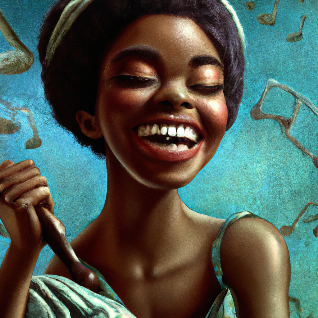 Prompt: an oil painting of young happy nina simone singing with great power, hyperrealistic, detailed face, by frank frazetta, greg rutkowski, christian macnevin, wlop, krenz cushart, epic fantasy character art, volumetric lighting, cgsociety, exquisite detail, masterpiece, cinematic