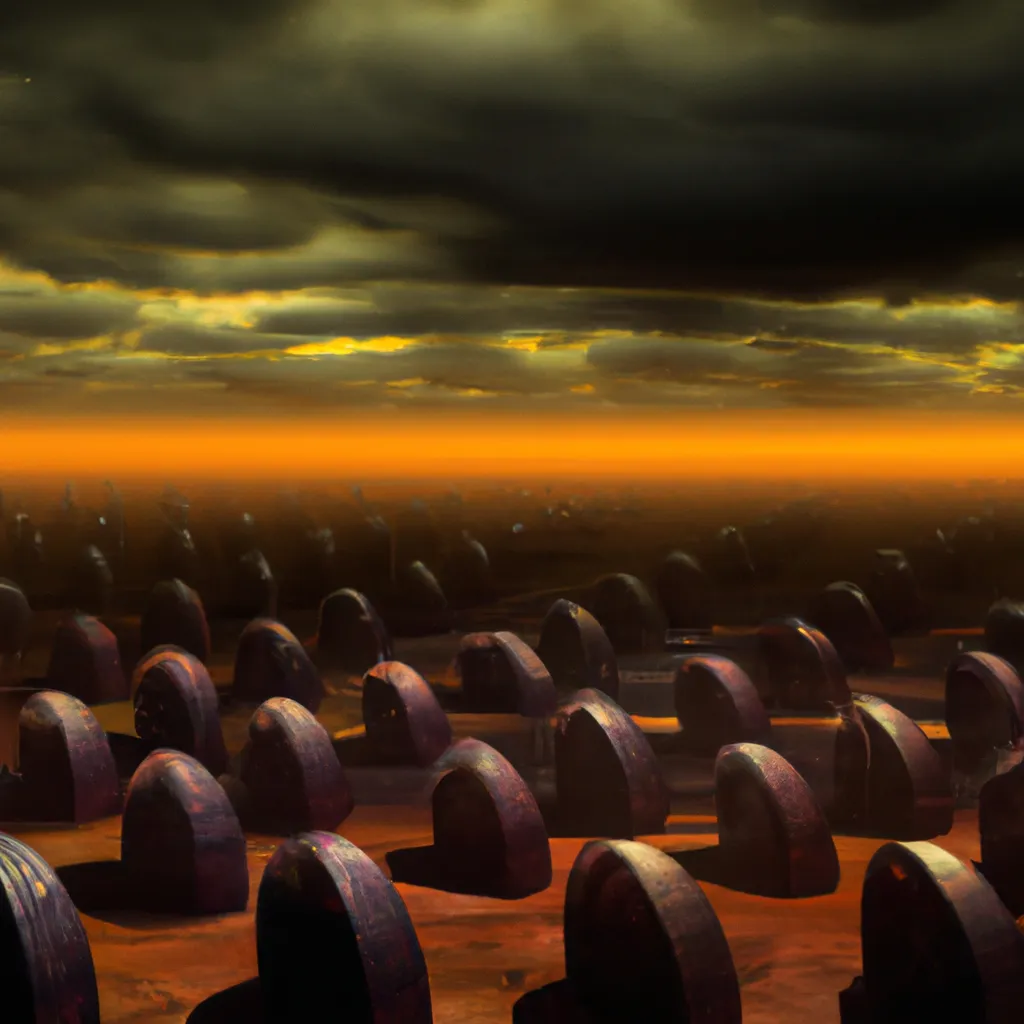 Prompt: Dystopian field of granite oval shaped cages, the ground is smooth and featureless, the sky is black with orange bleeding through the cracks, surreal painting 