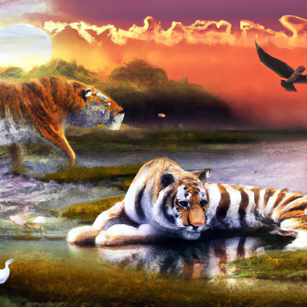 Prompt: Two tigers in a small lush lake, seagulls in the background, in a sunset, digital art, realistic lighting