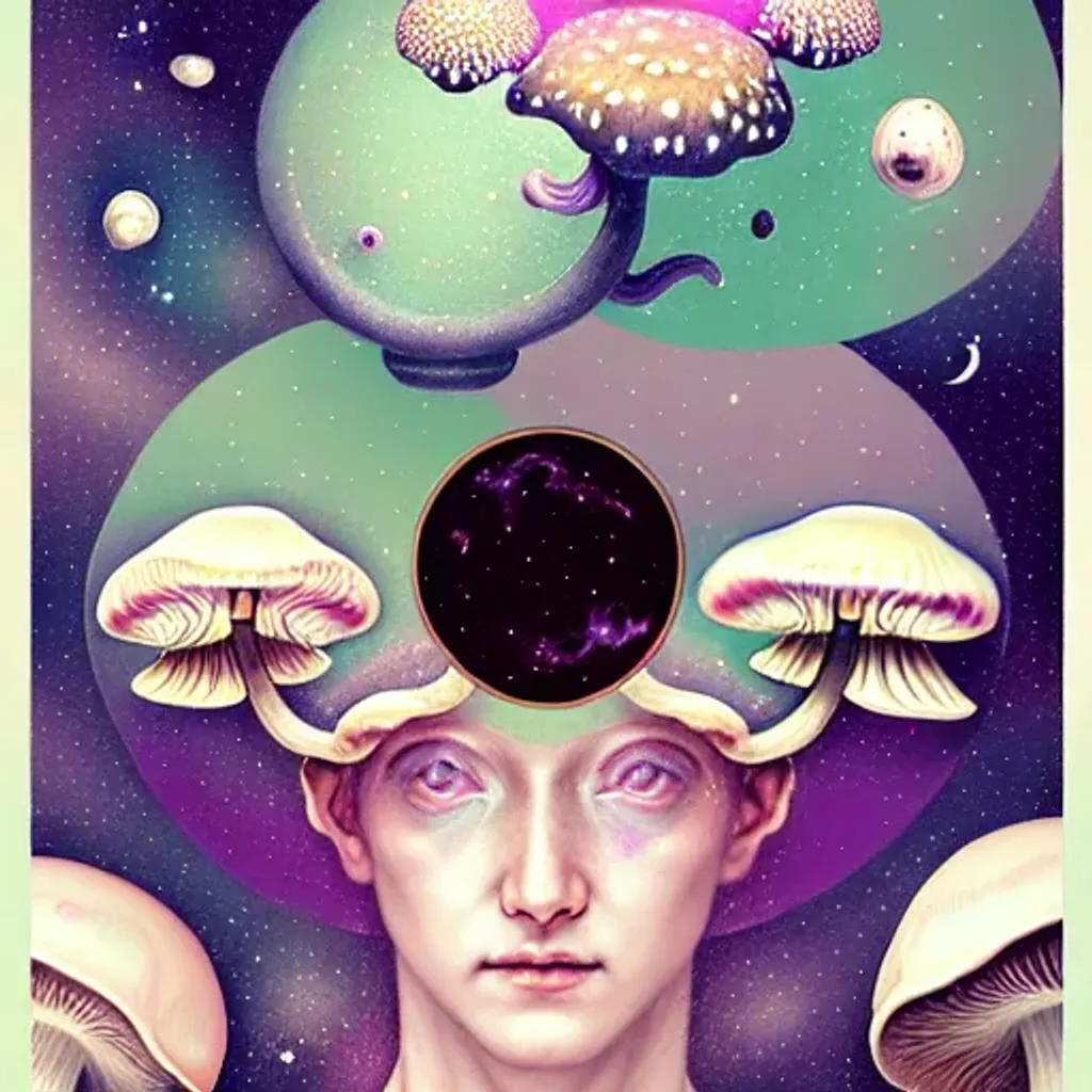 Prompt: Pastel rococo portrait, mushroom gemini, detailed eyes, Beautiful orchid woman, mushrooms, stars, planets, hq, fungi, celestial, moon, galaxy, stars, victo ngai, Ryan Hewett 